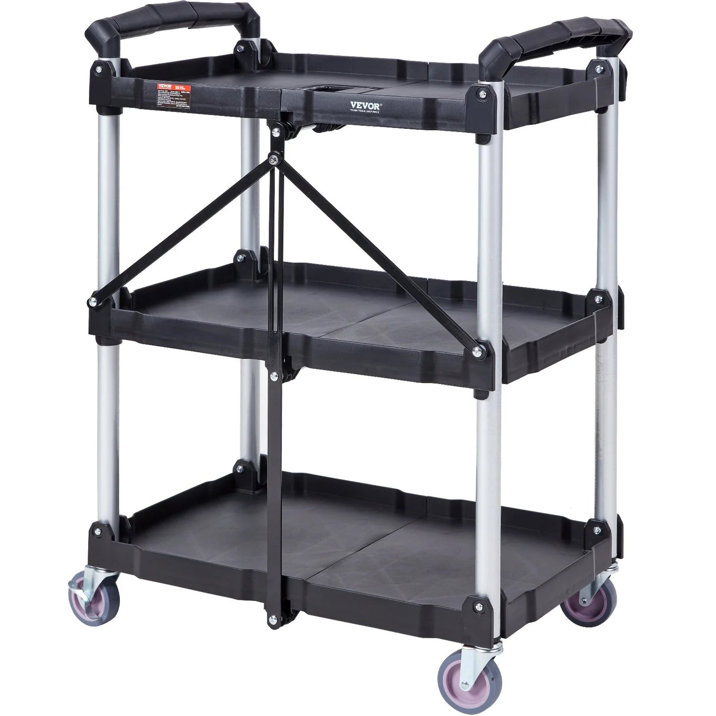 VEVOR Foldable Utility Service Cart, 3 Shelf 165LBS Heavy Duty Plastic Rolling Cart with Lockable Wheels, Ergonomic Handle, Portable Garage Tool Cart for Warehouse/Office/Home(25.62X15.43X32.76)