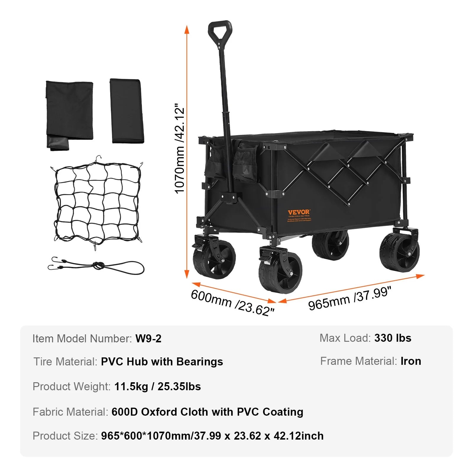 VEVOR Collapsible Folding Wagon, 220 L Beach Wagon Cart with All-Terrain Wheels, Heavy Duty Folding Wagon Cart Max 330 Lbs with Drink Holders, Sports Wagon for Camping, Shopping, Garden