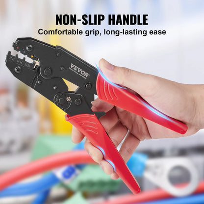 VEVOR Ratcheting Crimping Tool Set for Insulated Electrical Connectors AWG22-10 with Wire Stripper and 210Pcs Heat Shrink Tubes Labor-Saving Ratcheting Wire Crimp Pliers