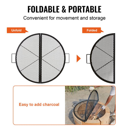 VEVOR X-Marks Fire Pit Grill Grate, Foldable round Cooking Grate, Heavy Duty Steel Campfire BBQ Grill Grid with Handle and Support X Wire, Portable Camping Cookware for outside Party, 36 Inch Black
