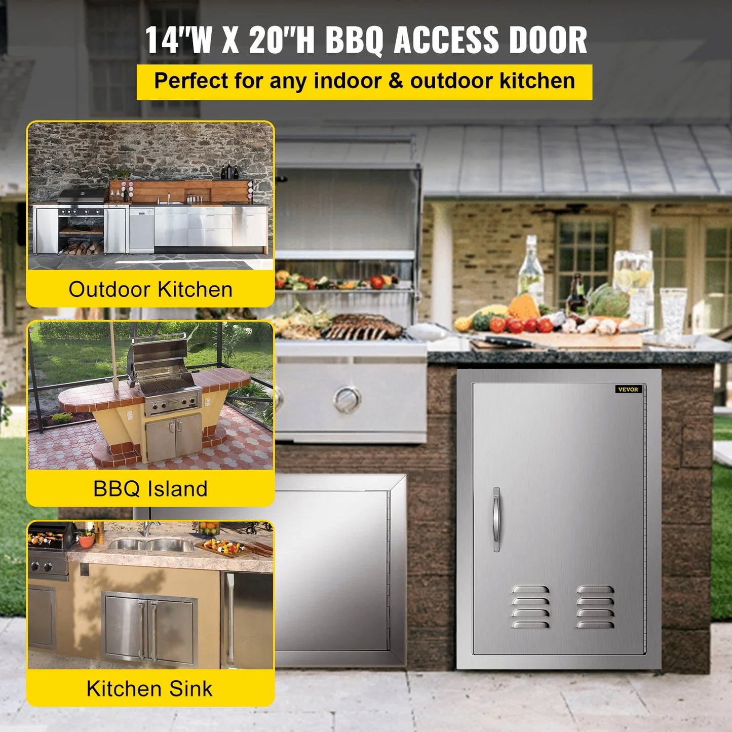 VEVOR Outdoor Kitchen 14W X 20H Inch Wall Construction Stainless Steel Flush Mount for BBQ Island, 14Inch X 20Inch, Single Door with Vents