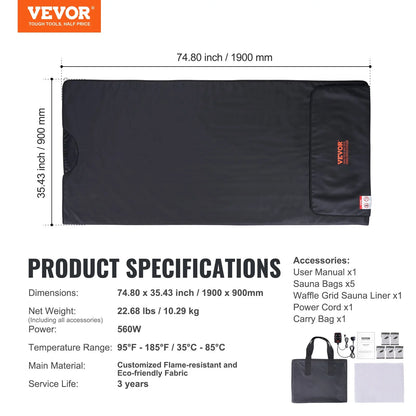 VEVOR Sauna Blanket for Detoxification, Portable Far Infrared Sauna for Home, PU Sauna Bag W/ Therapy Stones & Carbon Fiber Heating, 1-6 Level Adjustable Temp 95-185¨H, 1-60 Minutes Timer, 75 X 35In