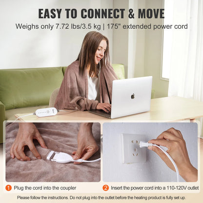 VEVOR Heated Blanket Electric Throw, 84 X 90 Queen Size, Soft Flannel Heating Blanket with 10 Hours Timer Auto-Off & 5 Heating Levels, Dual Control, Machine Washable, ETL & FCC Certification (Beige)