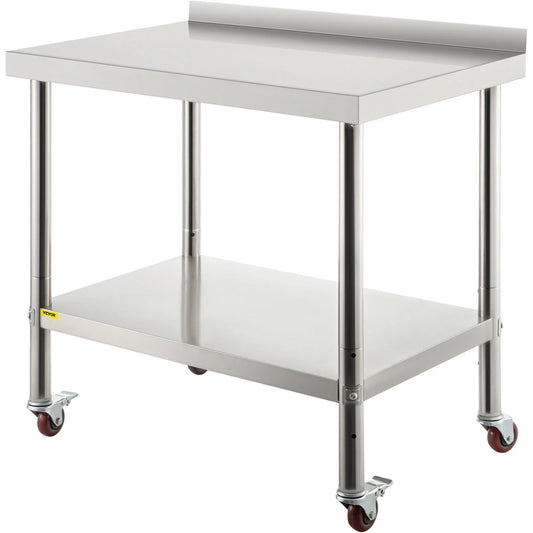 VEVOR Stainless Steel Prep Table, 36 X 24 X 35 Inch, 440Lbs Load Capacity Heavy Duty Metal Worktable with Backsplash Adjustable Undershelf & 4 Casters, Commercial Workstation for Kitchen Restaurant