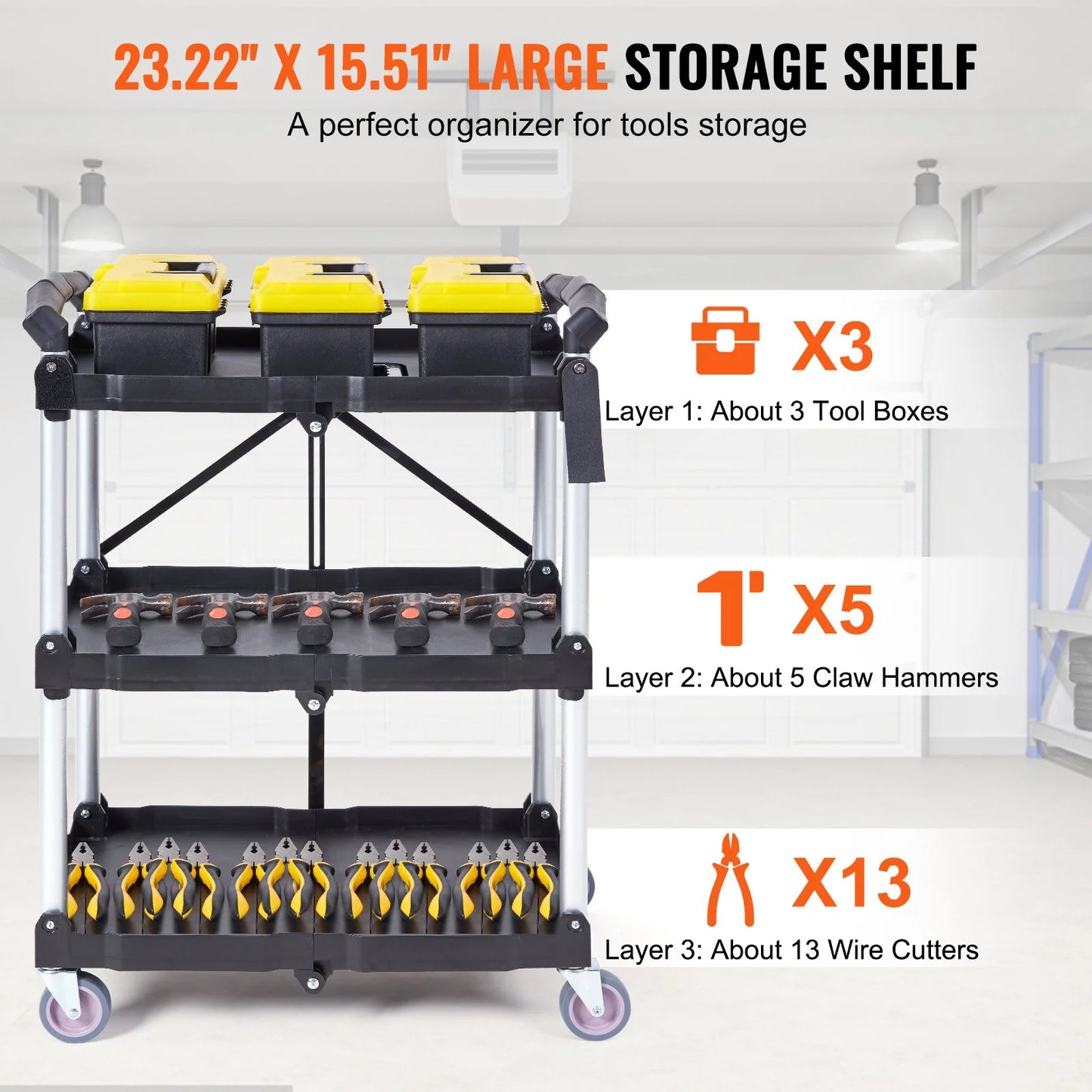 VEVOR Foldable Utility Service Cart, 3 Shelf 165LBS Heavy Duty Plastic Rolling Cart with Lockable Wheels, Ergonomic Handle, Portable Garage Tool Cart for Warehouse/Office/Home(25.62X15.43X32.76)