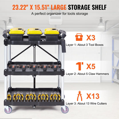 VEVOR Foldable Utility Service Cart, 3 Shelf 165LBS Heavy Duty Plastic Rolling Cart with Lockable Wheels, Ergonomic Handle, Portable Garage Tool Cart for Warehouse/Office/Home(25.62X15.43X32.76)