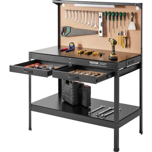 VEVOR Workbench A3 Steel Work Bench for Garage Max. 1500W Heavy Duty Workbench 220Lbs Weight Capacity 0.47 Bench Top Thickness Hardwood Workbench 1.5M Cable 4Xac Outlets 2Xusb Ports 30Xhooks