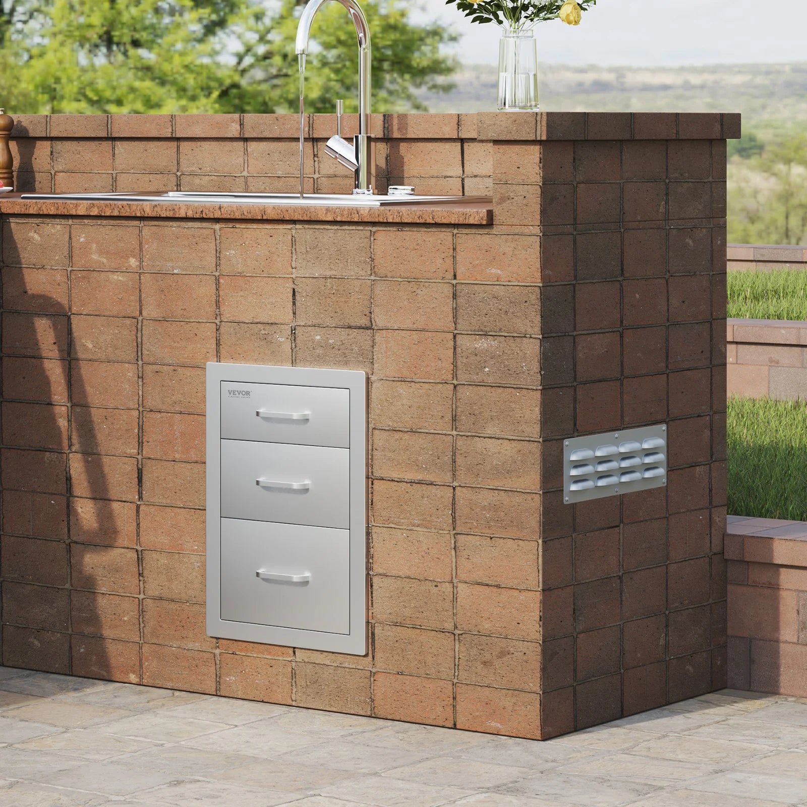 VEVOR Outdoor Kitchen Drawers 14 W X 20.3 H X 23 D, Flush Mount Triple Access BBQ Drawers Stainless Steel with Handle, BBQ Island Drawers for Outdoor Kitchens or Patio Grill Station