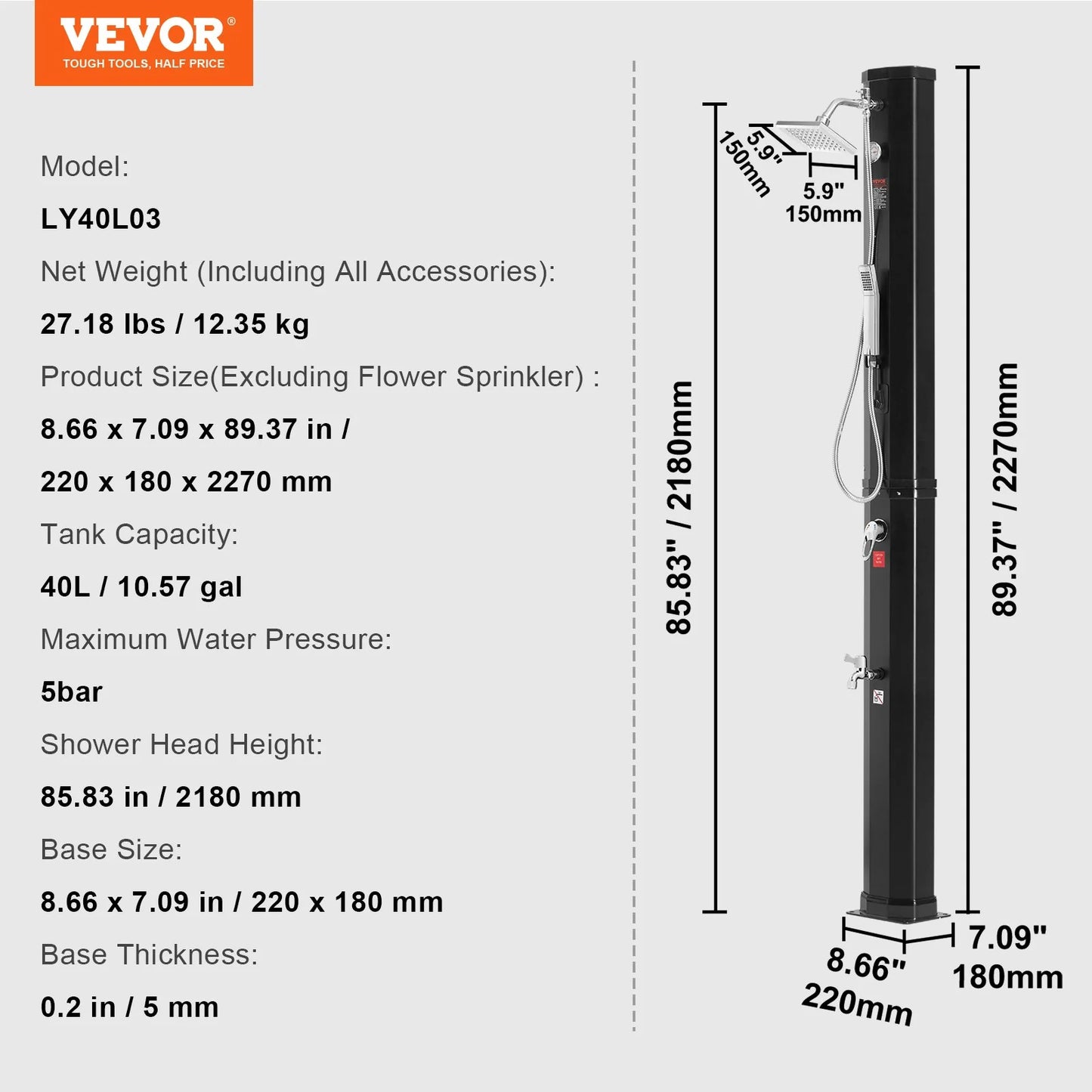 VEVOR Outdoor Solar Heated Shower, 10.57 Gallon Poolside Shower Kit with 2 Shower Head and Foot Shower Tap, Handheld/Hanging Two Modes Fast Assembly for Outdoor Backyard Poolside Beach Spa