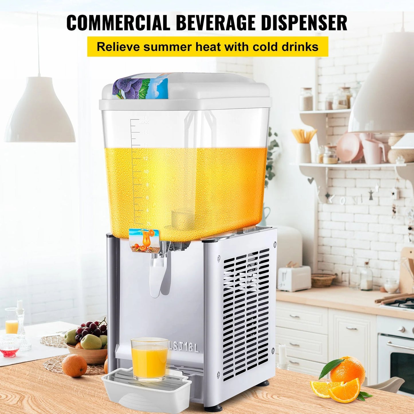 VEVOR Commercial Beverage Dispenser, 4.8 Gallon 1 Tank Cold Beverage Dispenser, 200W Food Grade Material Stainless Steel Commercial Juice Dispenser with Thermostat Controller for Cold Drink