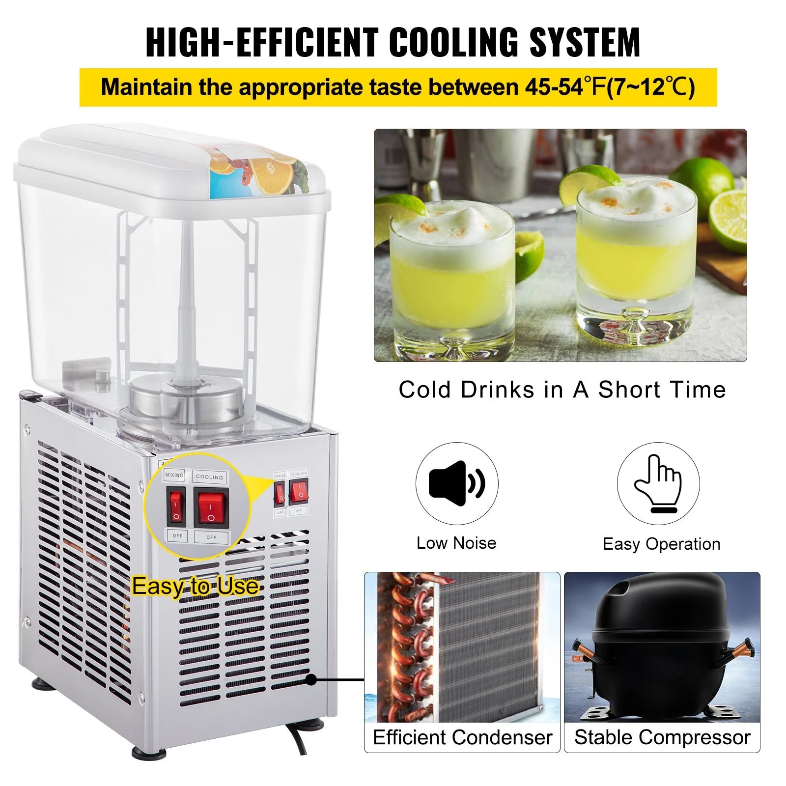 VEVOR Commercial Beverage Dispenser, 4.8 Gallon 1 Tank Cold Beverage Dispenser, 200W Food Grade Material Stainless Steel Commercial Juice Dispenser with Thermostat Controller for Cold Drink
