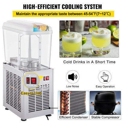 VEVOR Commercial Beverage Dispenser, 4.8 Gallon 1 Tank Cold Beverage Dispenser, 200W Food Grade Material Stainless Steel Commercial Juice Dispenser with Thermostat Controller for Cold Drink