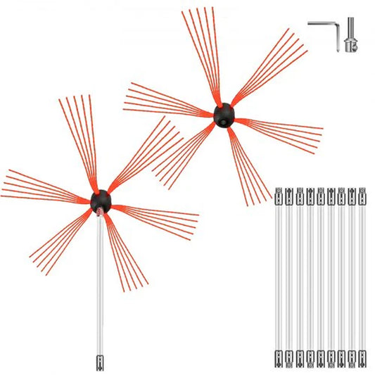 VEVOR Chimney Sweep Kit 33FT Length, Chimney Brush Kit with 10 Nylon Flexible Rods and 2 Brush Head, Rotary Chimney Cleaning Kit Driven by Drill, Chimney Brush Rod Kit for Cleaning Fireplace