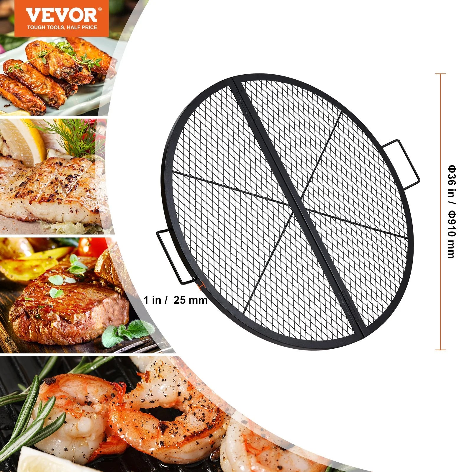 VEVOR X-Marks Fire Pit Grill Grate, Foldable round Cooking Grate, Heavy Duty Steel Campfire BBQ Grill Grid with Handle and Support X Wire, Portable Camping Cookware for outside Party, 36 Inch Black