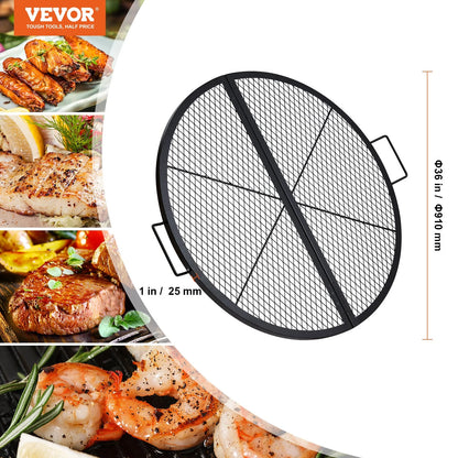 VEVOR X-Marks Fire Pit Grill Grate, Foldable round Cooking Grate, Heavy Duty Steel Campfire BBQ Grill Grid with Handle and Support X Wire, Portable Camping Cookware for outside Party, 36 Inch Black