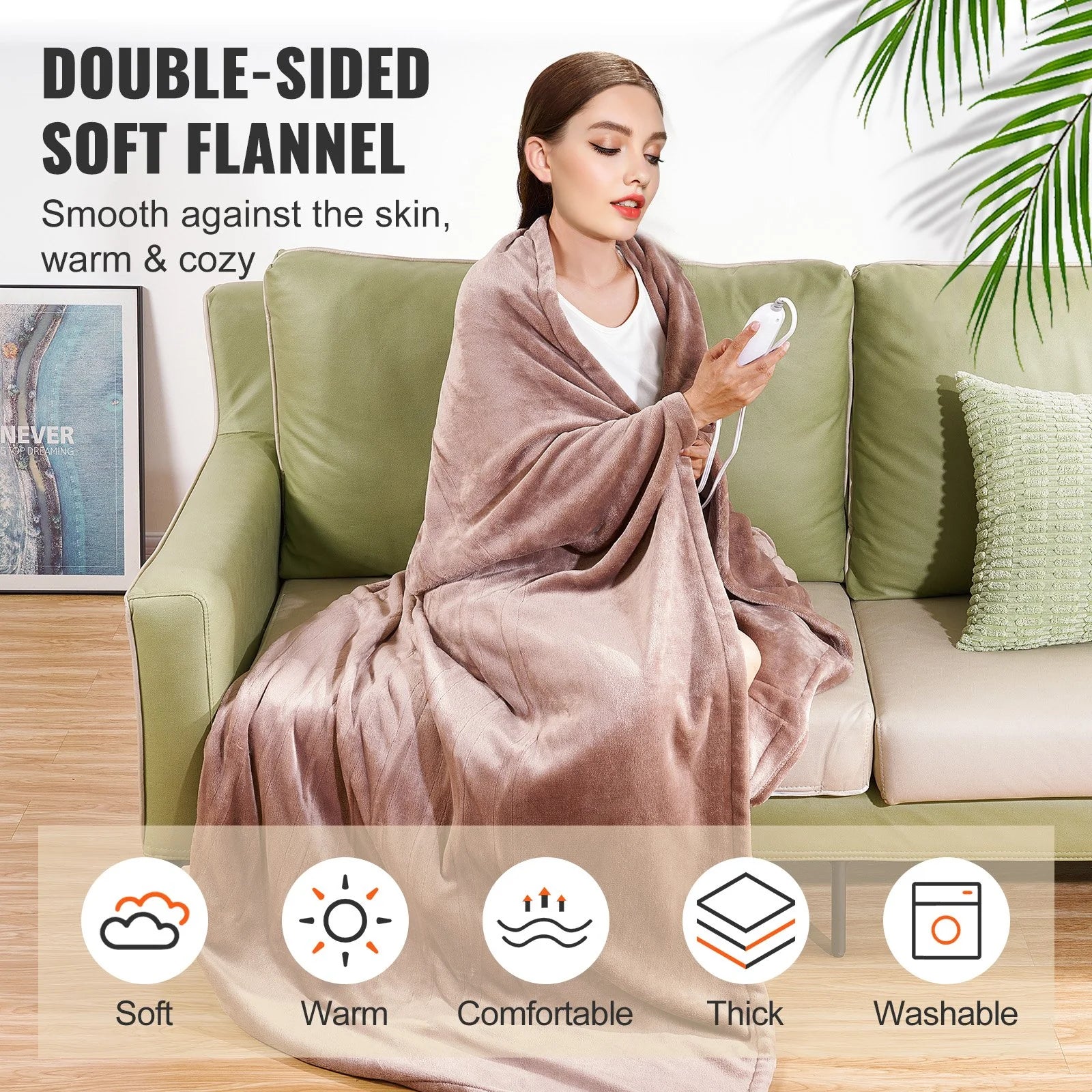 VEVOR Heated Blanket Electric Throw, 84 X 90 Queen Size, Soft Flannel Heating Blanket with 10 Hours Timer Auto-Off & 5 Heating Levels, Dual Control, Machine Washable, ETL & FCC Certification (Beige)