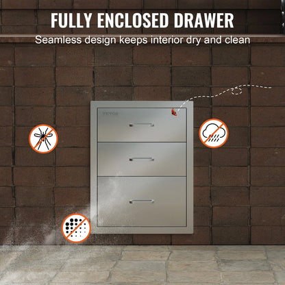 VEVOR Outdoor Kitchen Drawers 14 W X 20.3 H X 23 D, Flush Mount Triple Access BBQ Drawers Stainless Steel with Handle, BBQ Island Drawers for Outdoor Kitchens or Patio Grill Station
