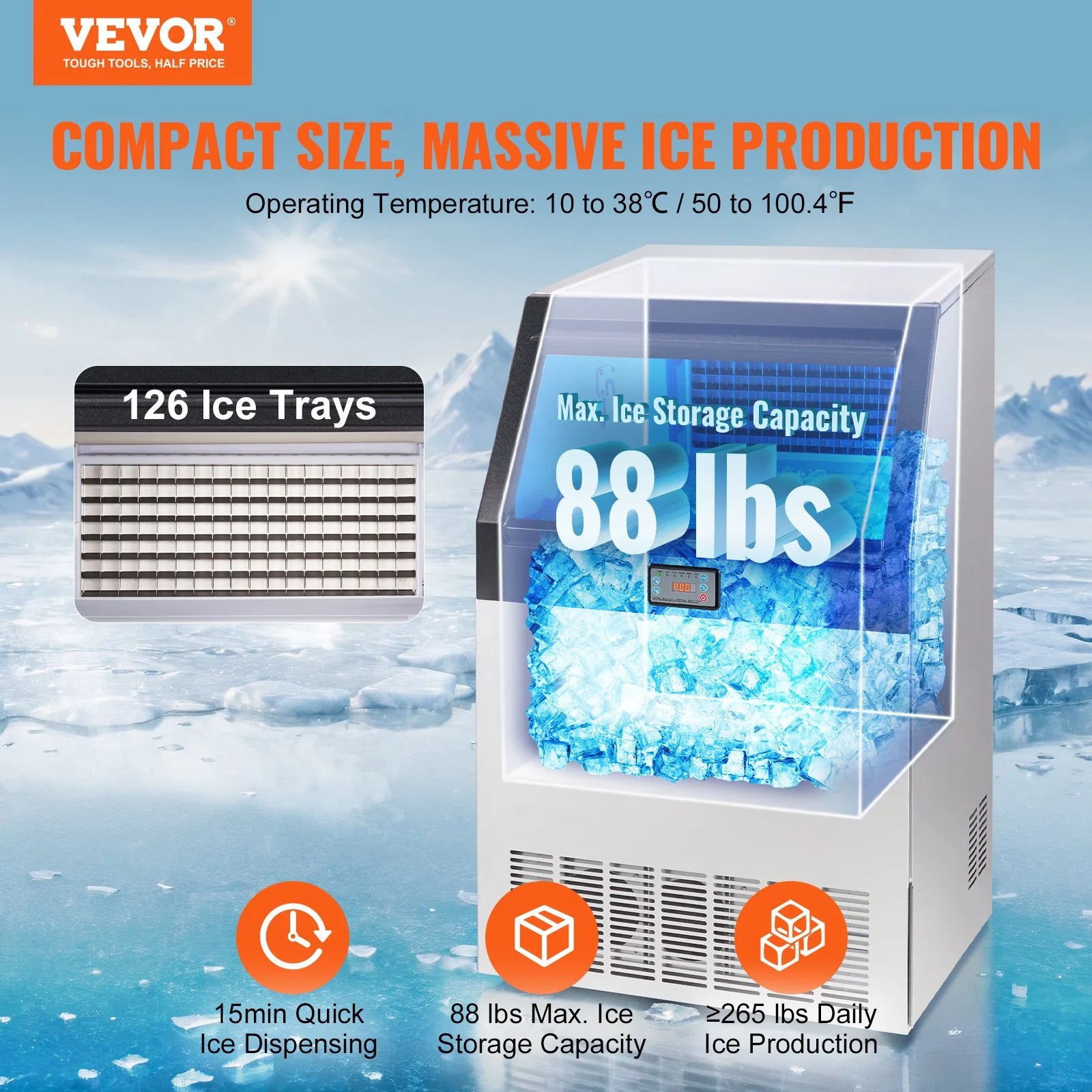 VEVOR Commercial Ice Maker, 265Lbs/24H, Ice Maker Machine, 126 Ice Cubes in 12-15 Minutes, Freestanding Cabinet Ice Maker with 88Lbs Storage Capacity LED Digital Display, for Home Office Restaurant