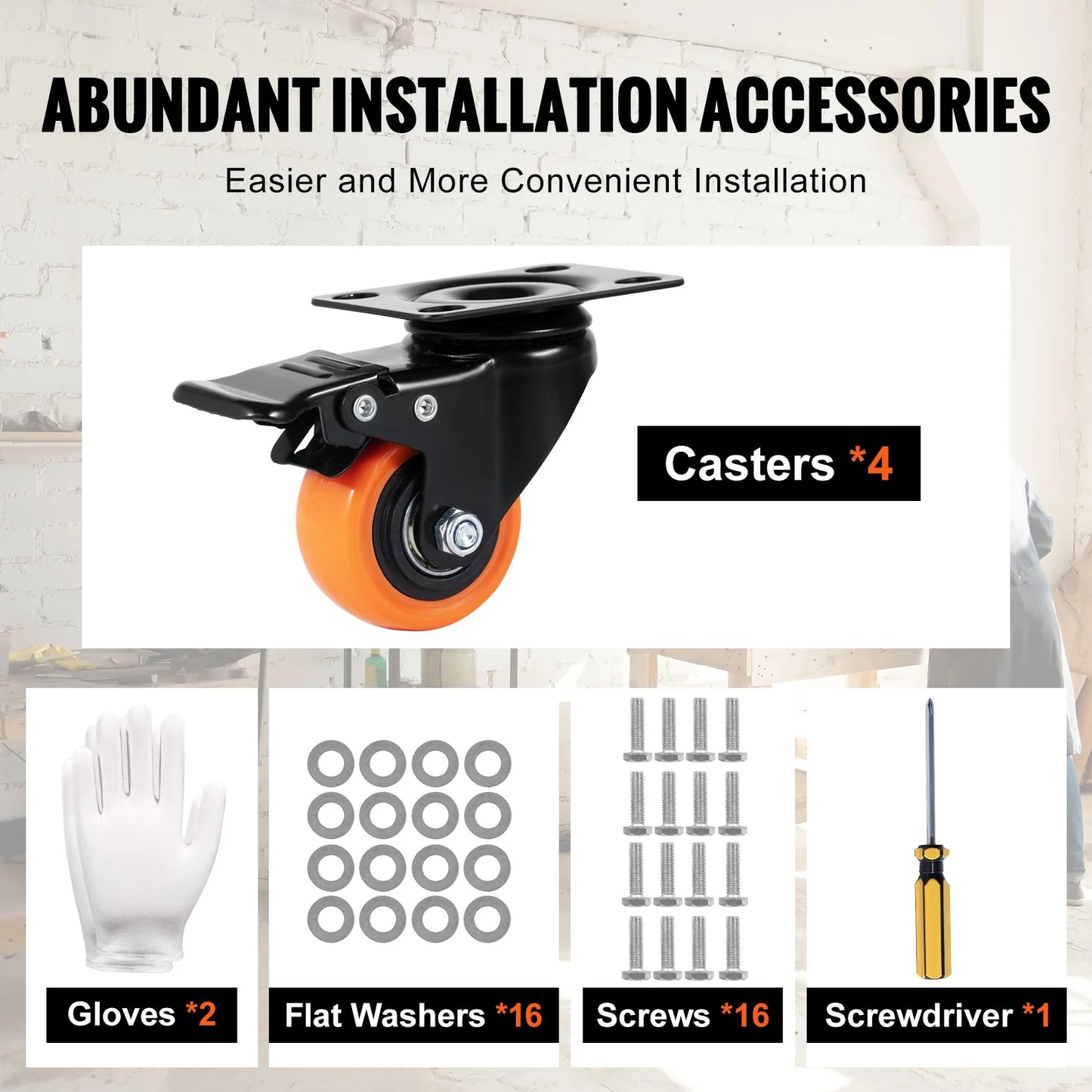 VEVOR Caster Wheels, 2-Inch Swivel Plate Casters, Set of 4, with Security Dual Locking No Noise PVC Wheels, Heavy Duty 150 Lbs Load Capacity per Caster, Non-Marking Wheels for Cart Furniture Workbench