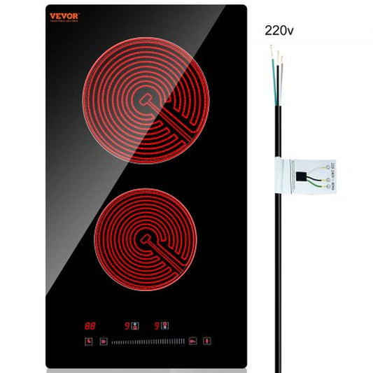 VEVOR Built in Electric Stove Top, 20 X 11.6 Inch 2 Burners, 240V Glass Radiant Cooktop with Sensor Touch Control, Timer & Child Lock Included, 9 Power Levels for Simmer Steam Slow Cook Fry