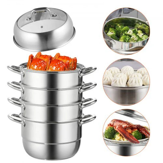 VEVOR Dumpling Steamer Stainless Steel 5 Titer for for Cook Soup, Noodles, Fishes Work with Gas Electric Grill Stove Top, Dia 30Cm/11.8Inch, Pot