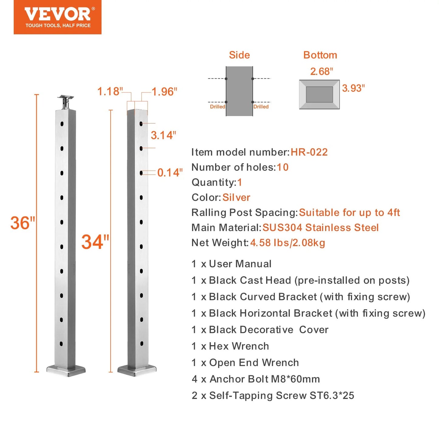 VEVOR Cable Railing Post Level Deck Stair Post 36 X 0.98 X 1.97 Cable Handrail Post Stainless Steel Wire Drawing Deck Railing Pre-Drilled Pickets with Mounting Bracket Stair Railing Kit Silver