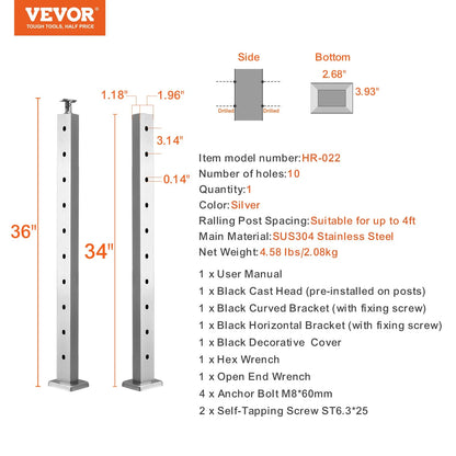 VEVOR Cable Railing Post Level Deck Stair Post 36 X 0.98 X 1.97 Cable Handrail Post Stainless Steel Wire Drawing Deck Railing Pre-Drilled Pickets with Mounting Bracket Stair Railing Kit Silver