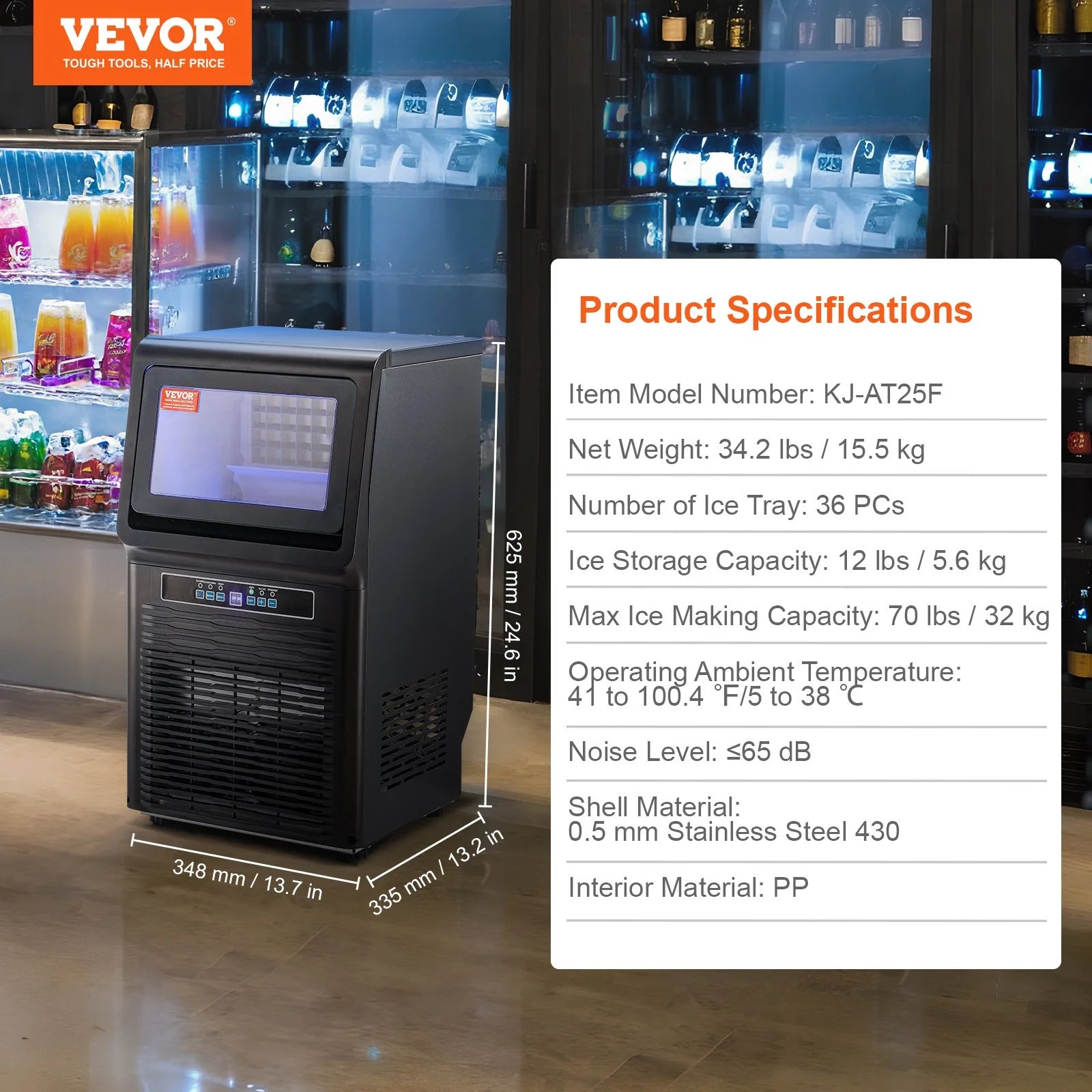 VEVOR Commercial Ice Maker, 70Lbs/24H, Ice Maker Machine, 36 Ice Cubes in 12-15 Minutes, Freestanding Cabinet Ice Maker with 11Lbs Storage Capacity LED Digital Display, for Bar Home Office Restaurant
