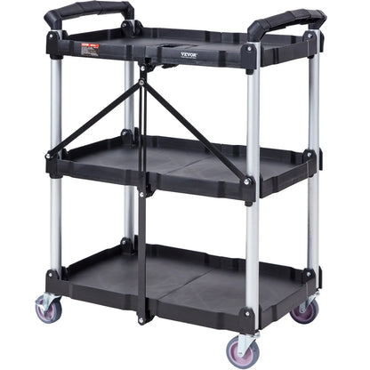 VEVOR Foldable Utility Service Cart, 3 Shelf 165LBS Heavy Duty Plastic Rolling Cart with Lockable Wheels, Ergonomic Handle, Portable Garage Tool Cart for Warehouse/Office/Home(25.62X15.43X32.76)