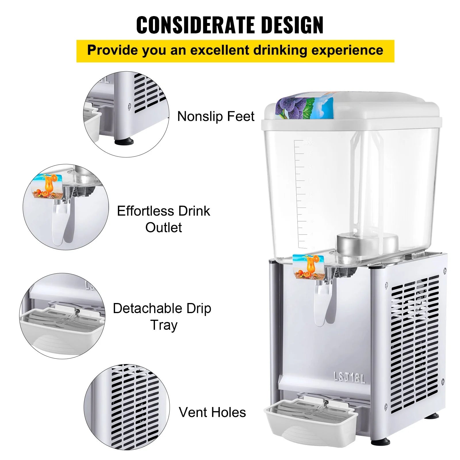 VEVOR Commercial Beverage Dispenser, 4.8 Gallon 1 Tank Cold Beverage Dispenser, 200W Food Grade Material Stainless Steel Commercial Juice Dispenser with Thermostat Controller for Cold Drink