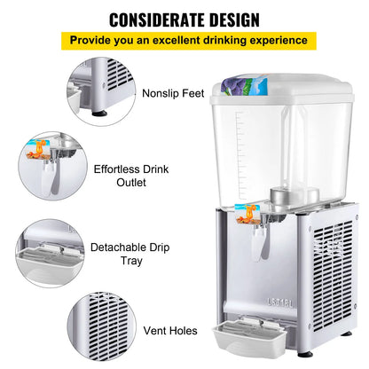 VEVOR Commercial Beverage Dispenser, 4.8 Gallon 1 Tank Cold Beverage Dispenser, 200W Food Grade Material Stainless Steel Commercial Juice Dispenser with Thermostat Controller for Cold Drink