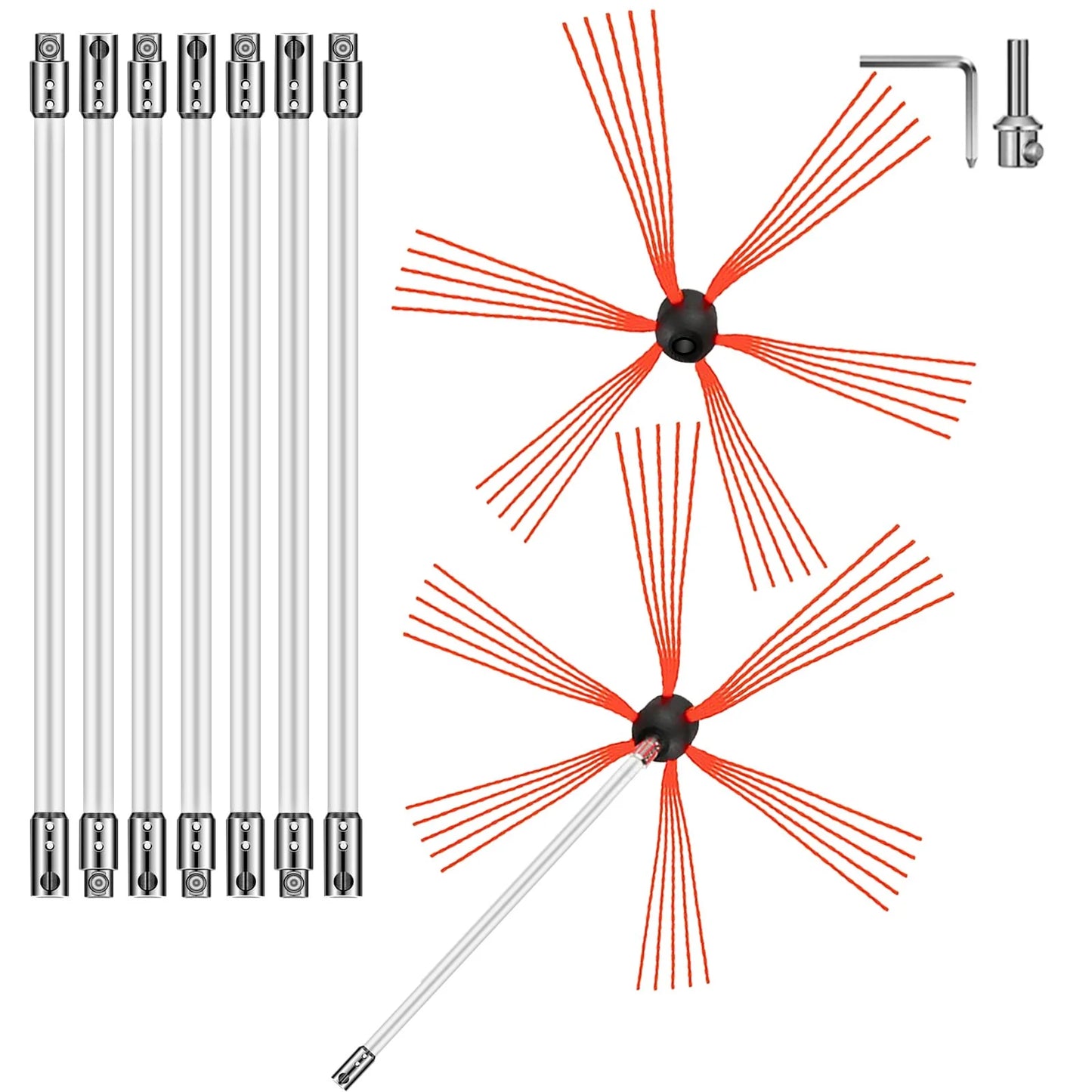 VEVOR Chimney Sweep Kit 26FT Length, Chimney Brush Kit with 8 Nylon Flexible Rods and 2 Brush Head, Rotary Chimney Cleaning Kit Driven by Drill, Chimney Cleaning Tool Kits for Sweeping Fireplace