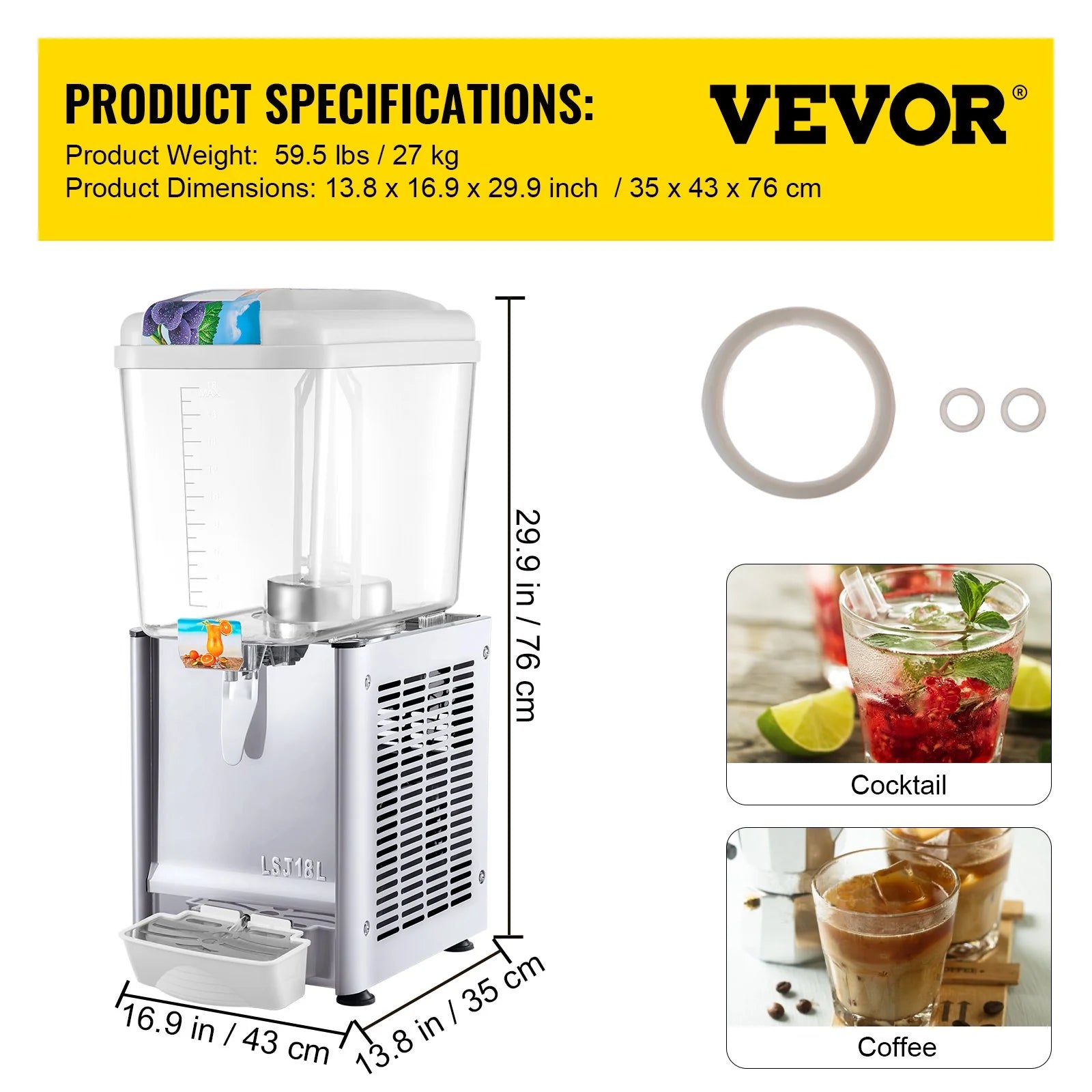 VEVOR Commercial Beverage Dispenser, 4.8 Gallon 1 Tank Cold Beverage Dispenser, 200W Food Grade Material Stainless Steel Commercial Juice Dispenser with Thermostat Controller for Cold Drink