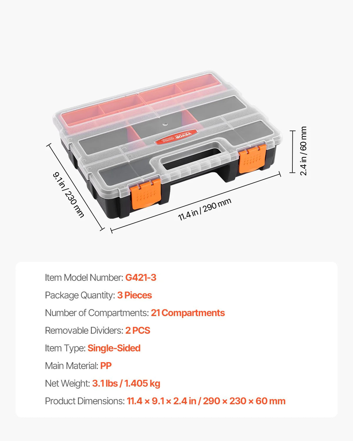 Single Sided£¡3-Pack Small Parts Organizer 21-Compartment Organizer Box with Removable Divider