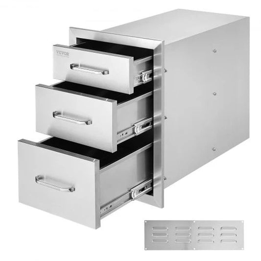 VEVOR Outdoor Kitchen Drawers 14 W X 20.3 H X 23 D, Flush Mount Triple Access BBQ Drawers Stainless Steel with Handle, BBQ Island Drawers for Outdoor Kitchens or Patio Grill Station