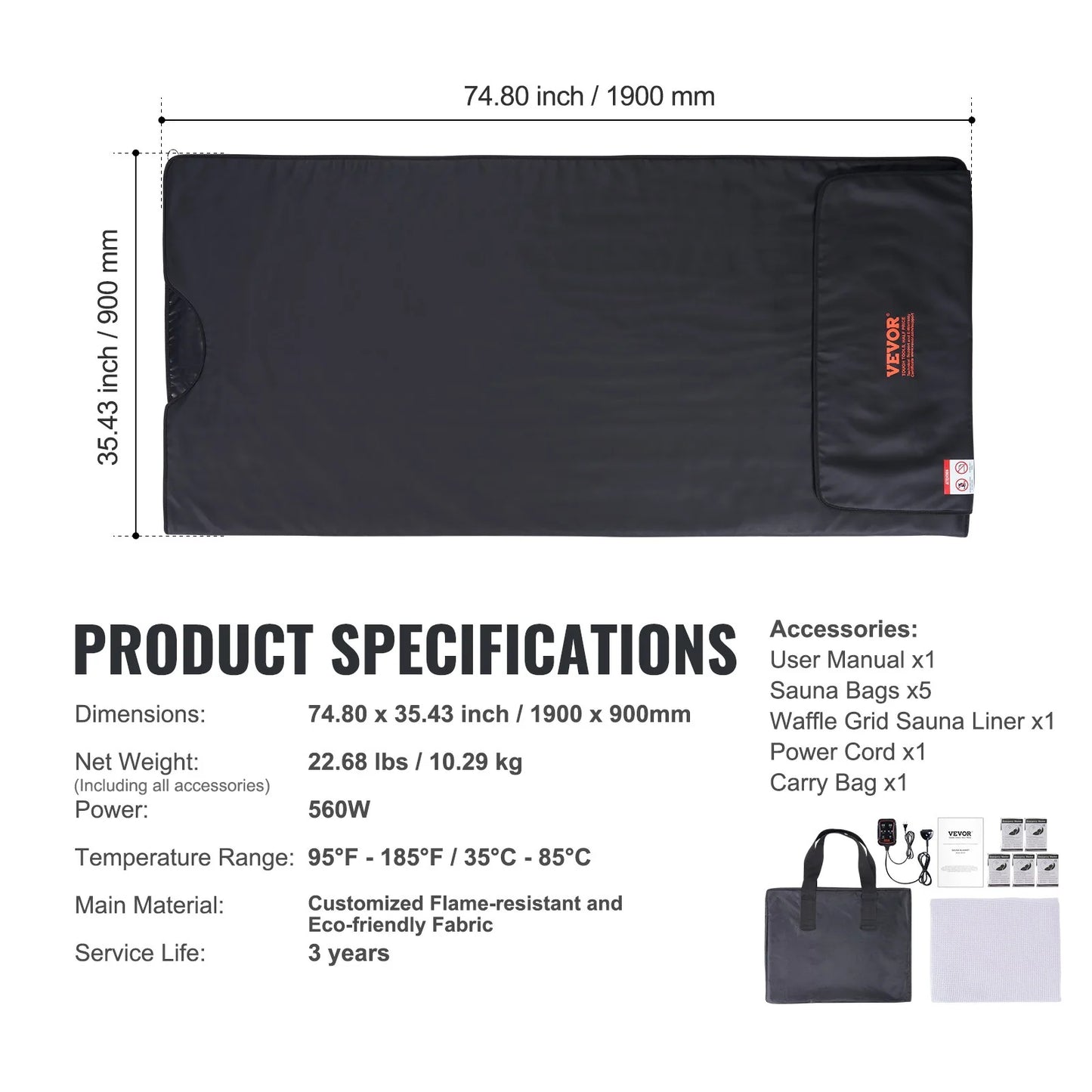 VEVOR Sauna Blanket for Detoxification, Portable Far Infrared Sauna for Home, PU Sauna Bag W/ Therapy Stones & Carbon Fiber Heating, 1-6 Level Adjustable Temp 95-185¨H, 1-60 Minutes Timer, 75 X 35In