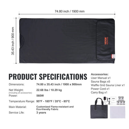 VEVOR Sauna Blanket for Detoxification, Portable Far Infrared Sauna for Home, PU Sauna Bag W/ Therapy Stones & Carbon Fiber Heating, 1-6 Level Adjustable Temp 95-185¨H, 1-60 Minutes Timer, 75 X 35In