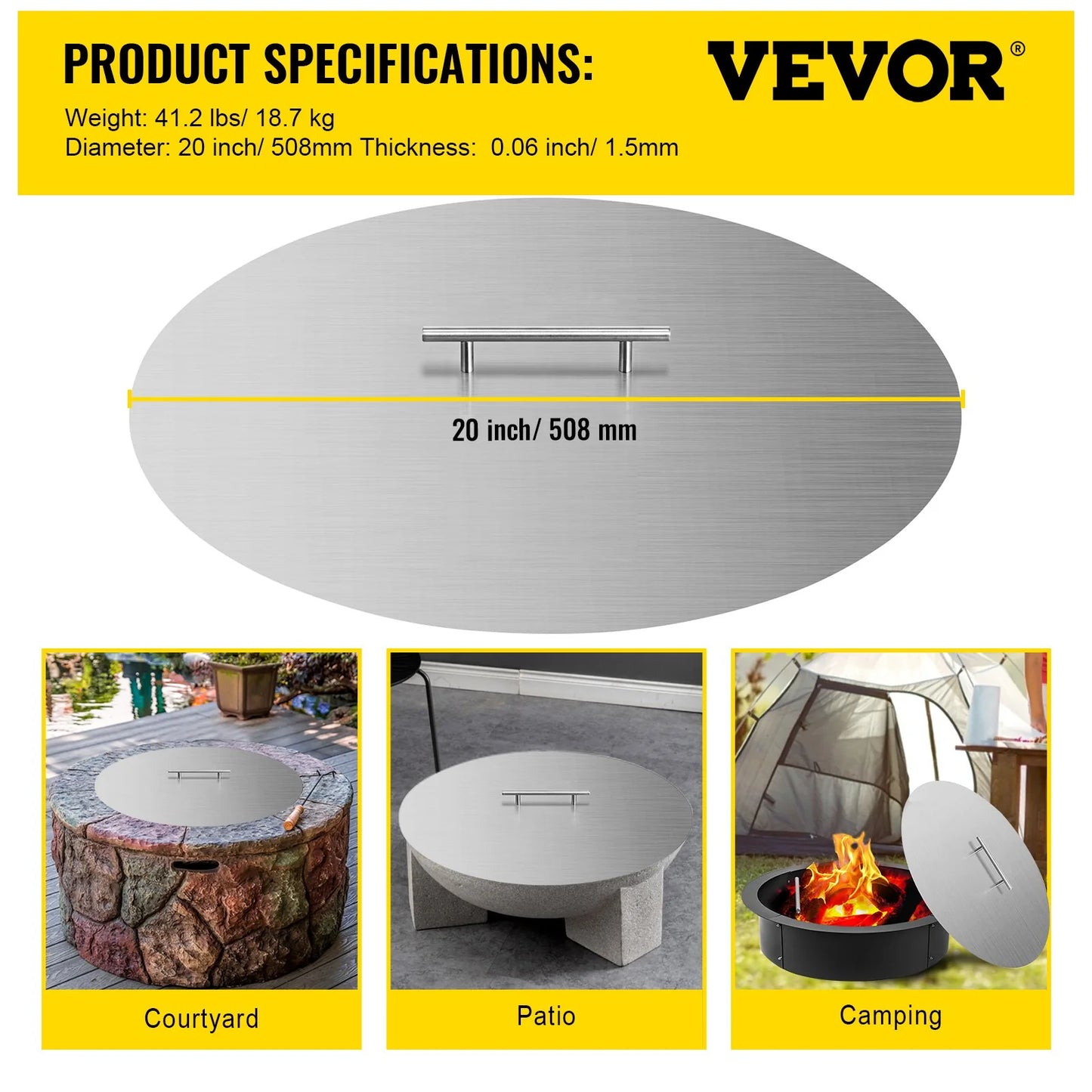 VEVOR Fire Pit Lid round 20 Inch Fire Pit Ring Lid 1.5 Mm Thick 304 Stainless Steel Fire Pit Burner Cover for round Patio Fire Pit