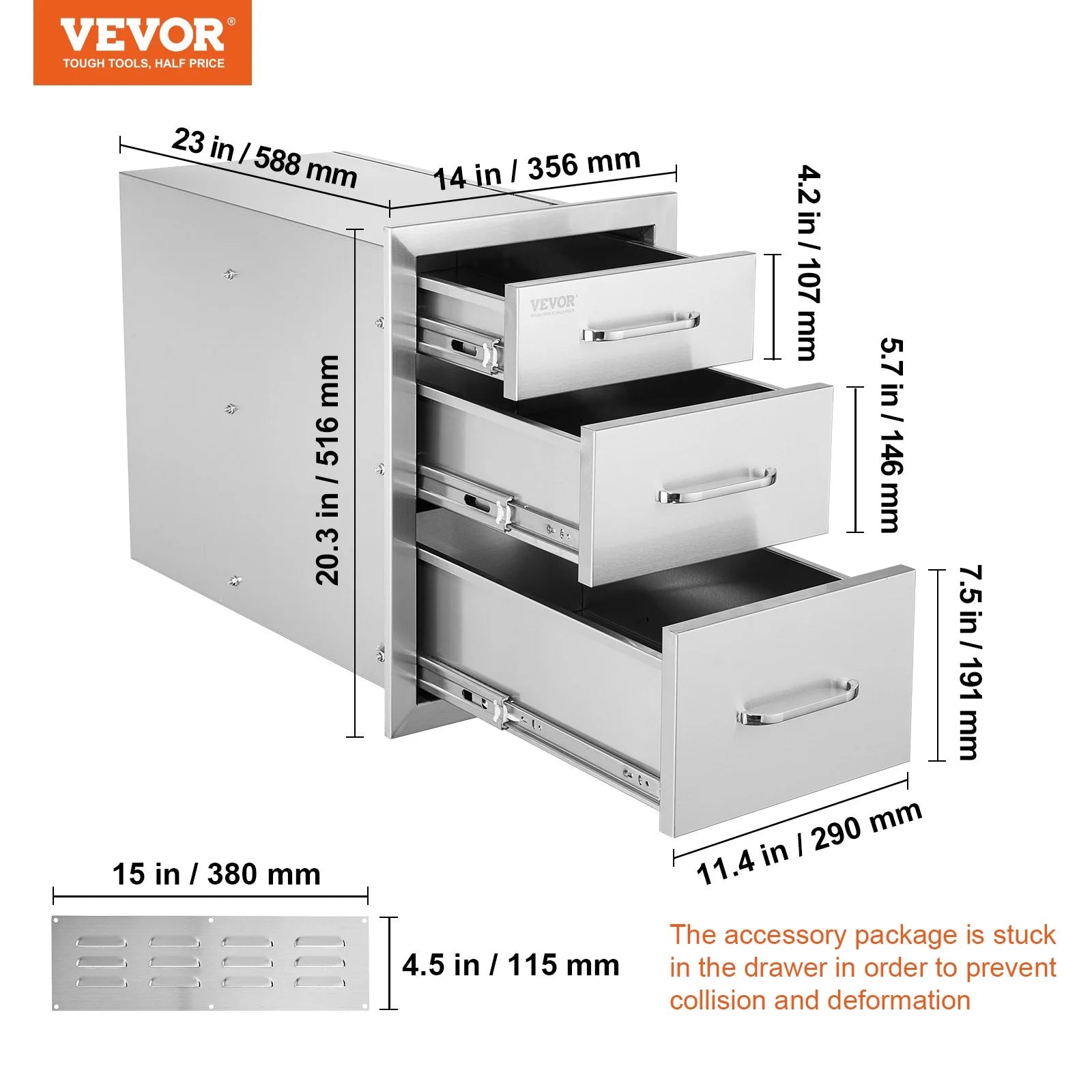 VEVOR Outdoor Kitchen Drawers 14 W X 20.3 H X 23 D, Flush Mount Triple Access BBQ Drawers Stainless Steel with Handle, BBQ Island Drawers for Outdoor Kitchens or Patio Grill Station
