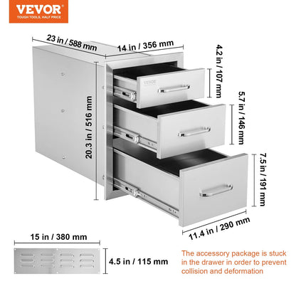 VEVOR Outdoor Kitchen Drawers 14 W X 20.3 H X 23 D, Flush Mount Triple Access BBQ Drawers Stainless Steel with Handle, BBQ Island Drawers for Outdoor Kitchens or Patio Grill Station