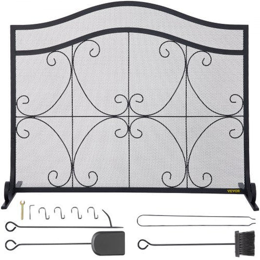 VEVOR Fireplace Screen, 38 X 26.5 Inch,Heavy Duty Iron Freestanding Spark Guard with Support, Metal Mesh Craft, Broom Tong Shovel Poker Included for Fireplace Decoration & Protection, Black
