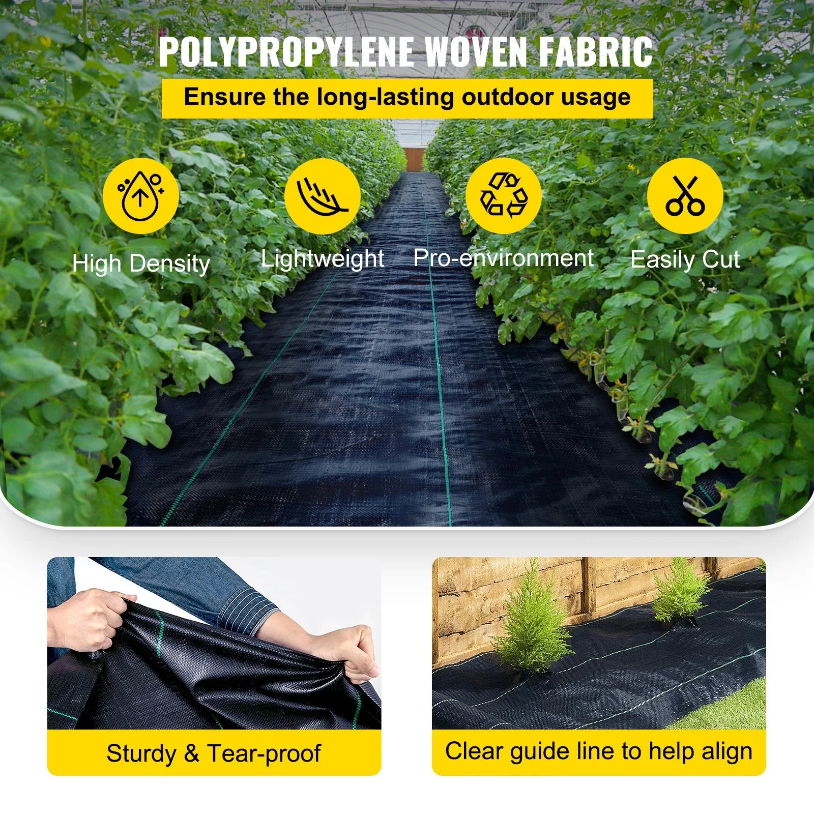 VEVOR Weed Barrier Landscape Fabric, 6 X 250 Ft, 4.1 Oz Premium Woven Ground Cover, Heavy Duty PP Material & Easy Setup, Weed Control for Outdoor Garden, Lawn, Driveway, Black