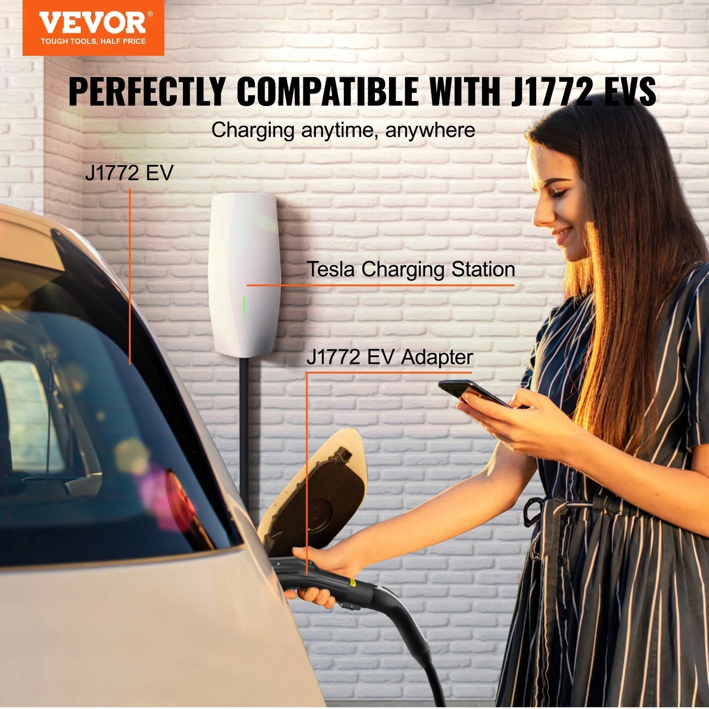 VEVOR Tesla to J1772 Charging Adapter, Max 48 Amp 240V, J1772 Evs Charger Adapter, with IP65 Storage Bag Anti-Drop Lock, for Tesla High Powered Wall Connector, Destination Charger and Mobile Connector