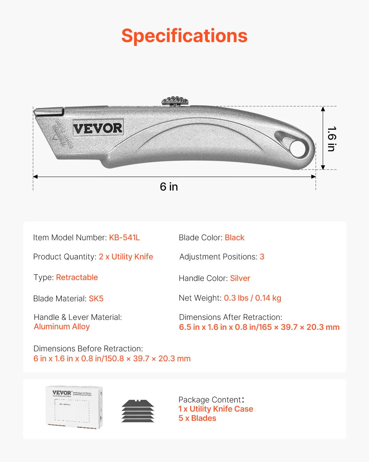 VEVOR Utility Knife Retractable Box Cutter with SK5 Sharp Blades Quick Change