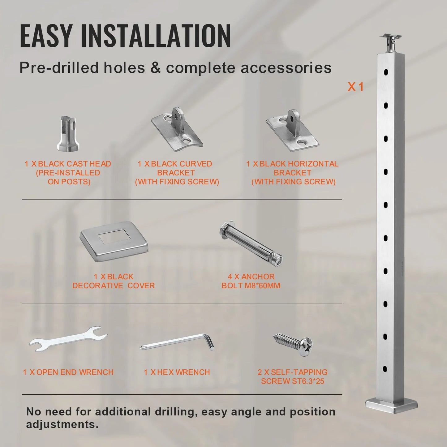 VEVOR Cable Railing Post Level Deck Stair Post 36 X 0.98 X 1.97 Cable Handrail Post Stainless Steel Wire Drawing Deck Railing Pre-Drilled Pickets with Mounting Bracket Stair Railing Kit Silver