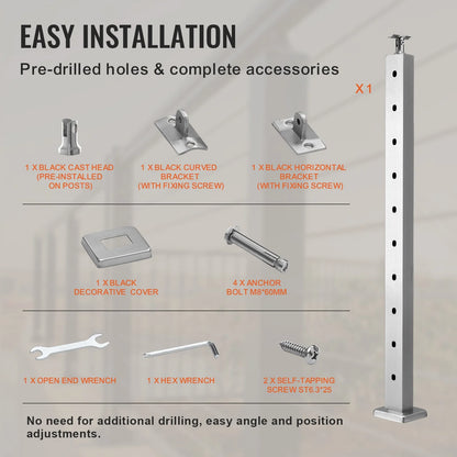 VEVOR Cable Railing Post Level Deck Stair Post 36 X 0.98 X 1.97 Cable Handrail Post Stainless Steel Wire Drawing Deck Railing Pre-Drilled Pickets with Mounting Bracket Stair Railing Kit Silver