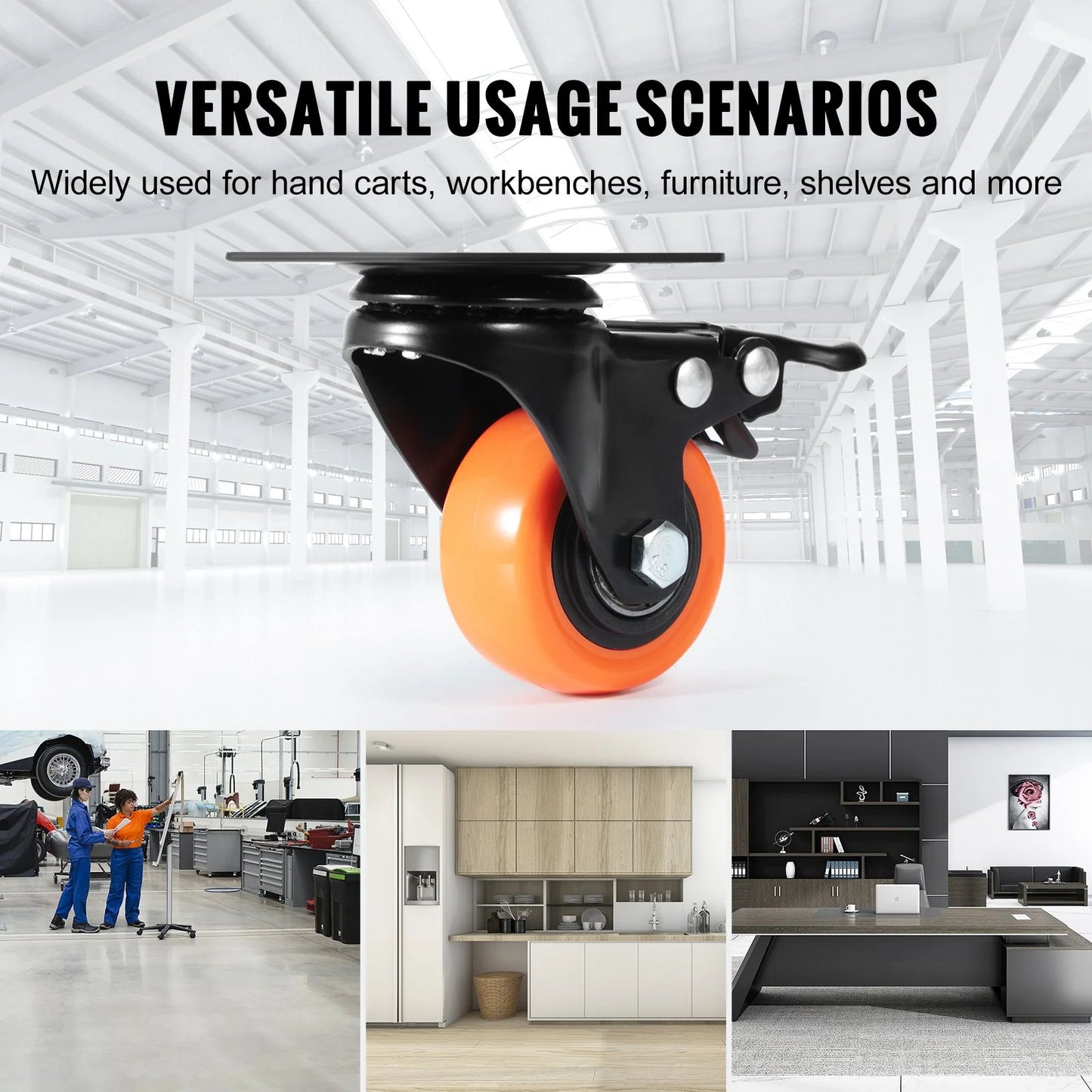 VEVOR Caster Wheels, 2-Inch Swivel Plate Casters, Set of 4, with Security Dual Locking No Noise PVC Wheels, Heavy Duty 150 Lbs Load Capacity per Caster, Non-Marking Wheels for Cart Furniture Workbench