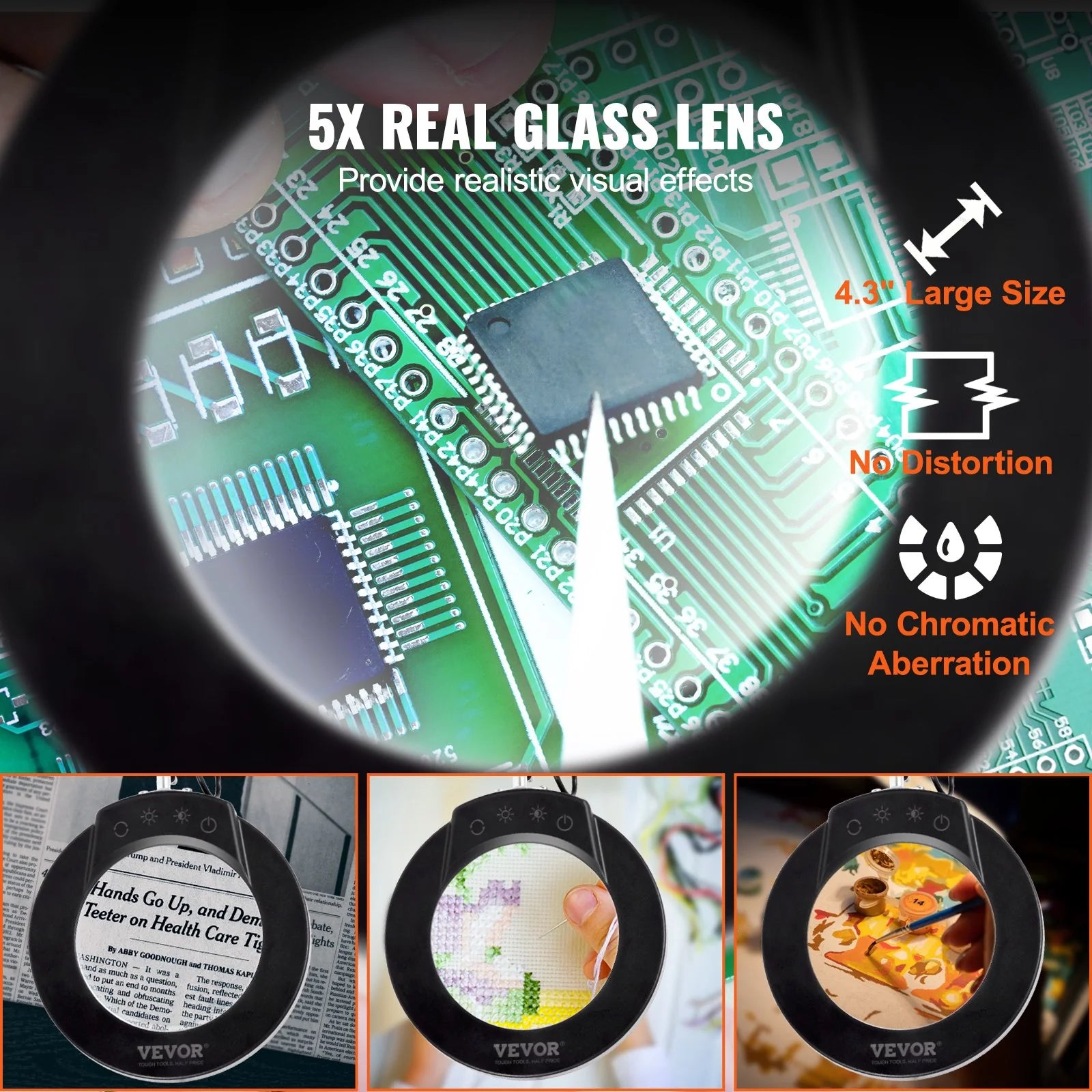 VEVOR Magnifying Glass with Light and Stand, 5X Magnifying Lamp, 4.3 Glass Lens, Base and Clamp 2-In-1 Desk Magnifier with Light, 64 LED Lights 5 Color Modes, for Close Work Reading Repair Crafts