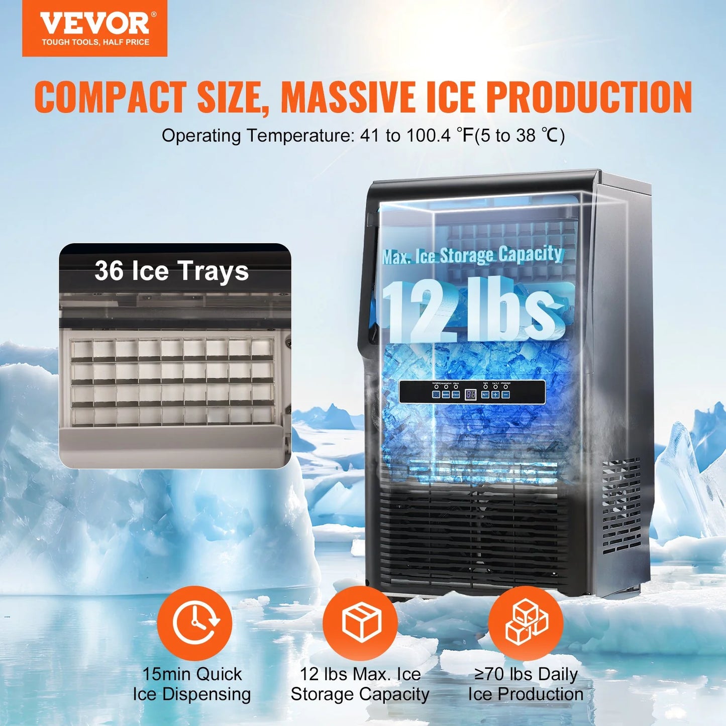 VEVOR Commercial Ice Maker, 70Lbs/24H, Ice Maker Machine, 36 Ice Cubes in 12-15 Minutes, Freestanding Cabinet Ice Maker with 11Lbs Storage Capacity LED Digital Display, for Bar Home Office Restaurant