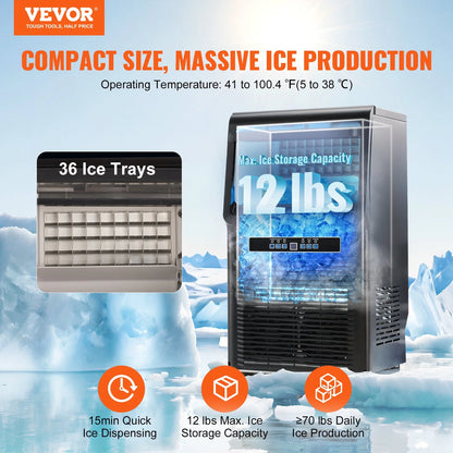 VEVOR Commercial Ice Maker, 70Lbs/24H, Ice Maker Machine, 36 Ice Cubes in 12-15 Minutes, Freestanding Cabinet Ice Maker with 11Lbs Storage Capacity LED Digital Display, for Bar Home Office Restaurant